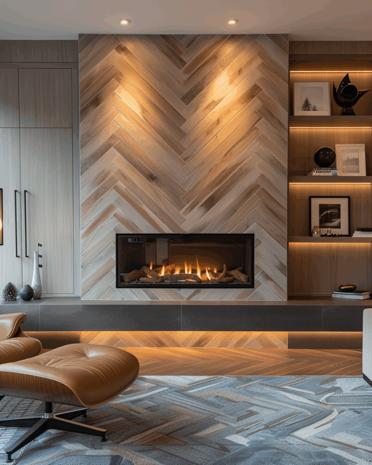 Modern living room featuring a sleek linear gas fireplace set in a floor-to-ceiling wood-look chevron tile wall, built-in wood shelves with decor and artwork, a tan leather lounge chair, and a patterned area rug with warm accent lighting.