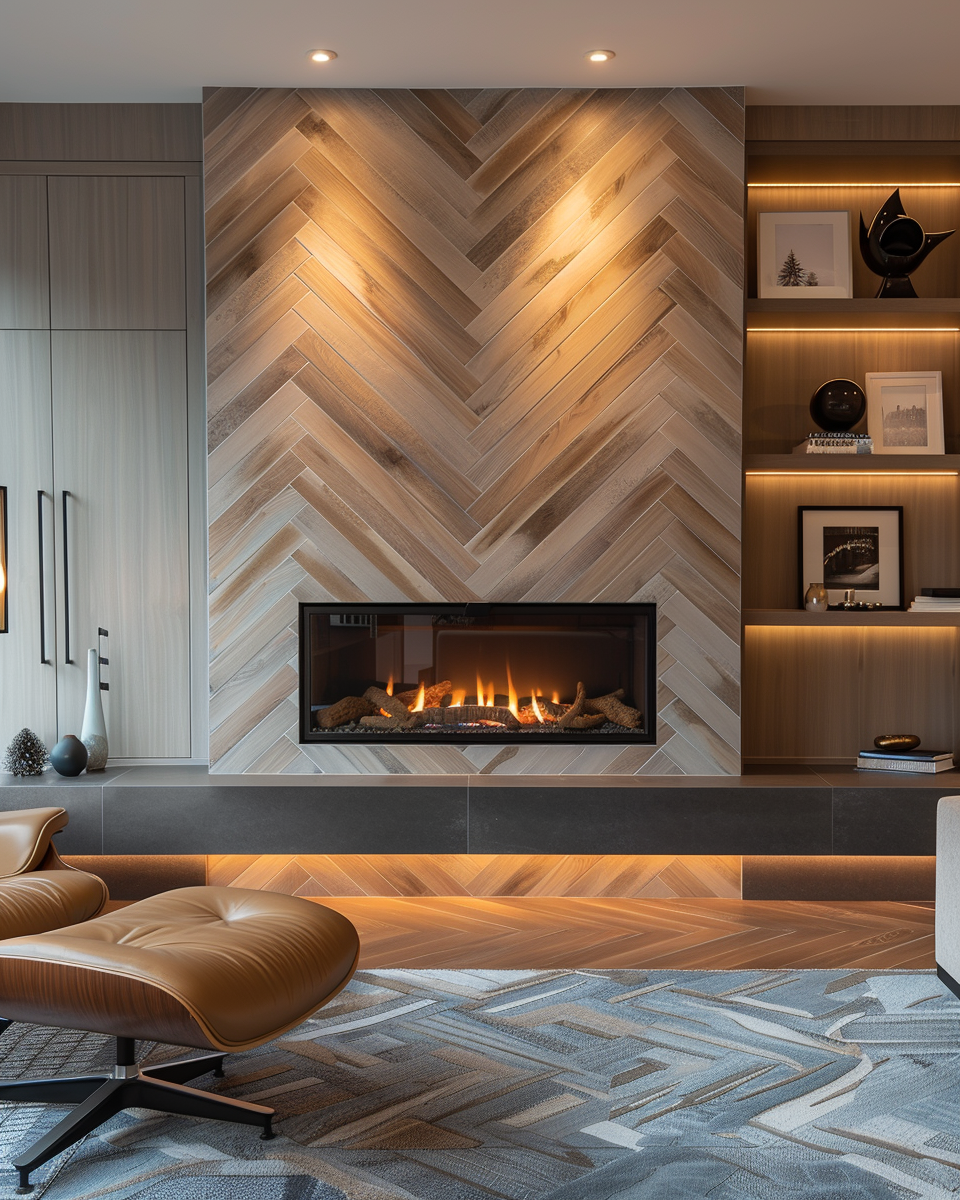 Modern living room featuring a sleek linear gas fireplace set in a floor-to-ceiling wood-look chevron tile wall, built-in wood shelves with decor and artwork, a tan leather lounge chair, and a patterned area rug with warm accent lighting.