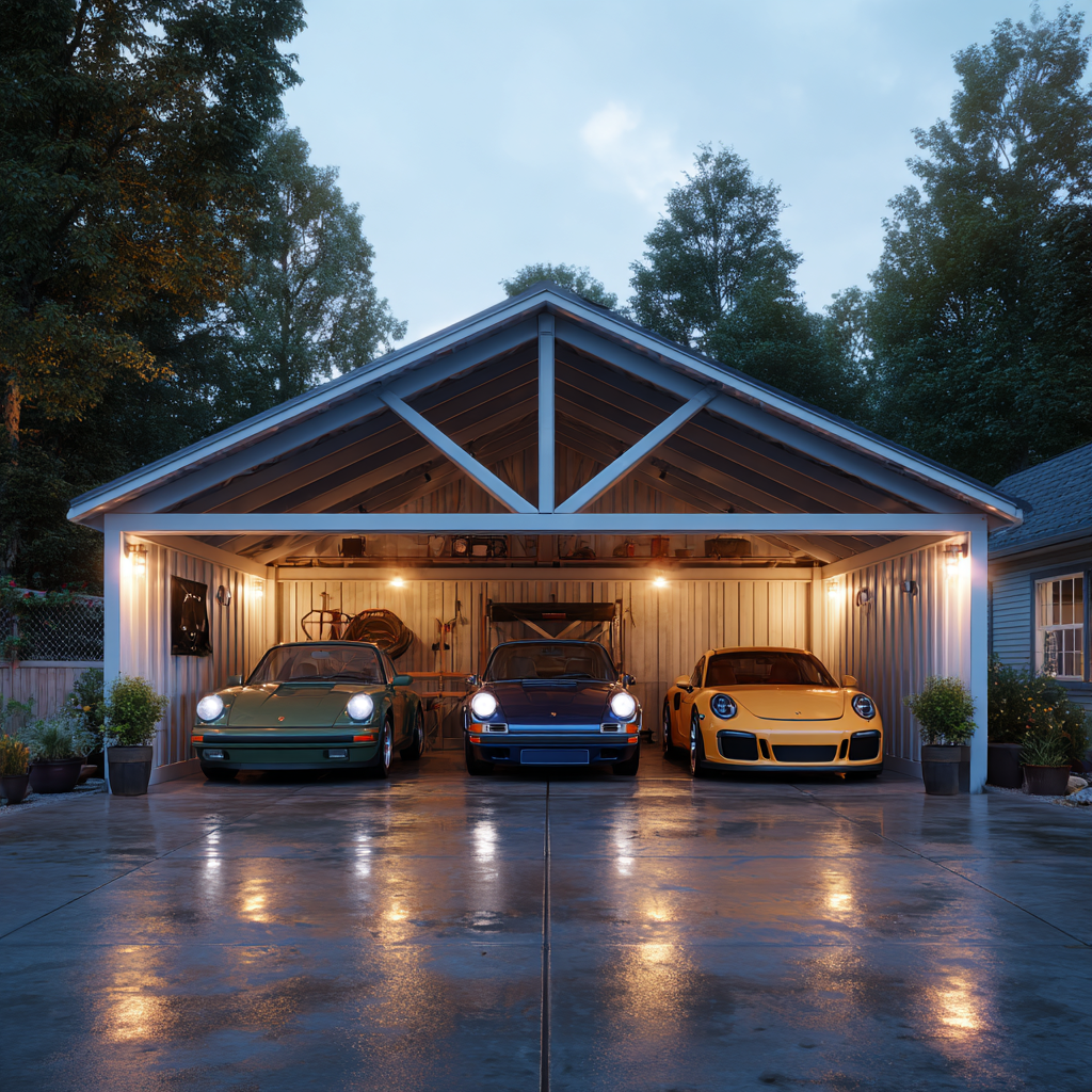 Triple wide open steel carport with concrete driveway