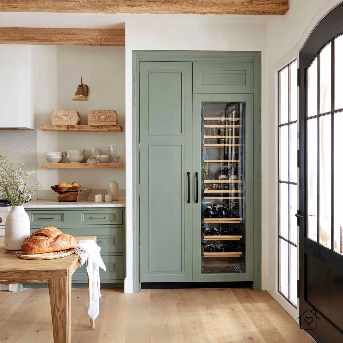 Light, modern kitchen with a sage-green built-in wine cabinet and glass door.