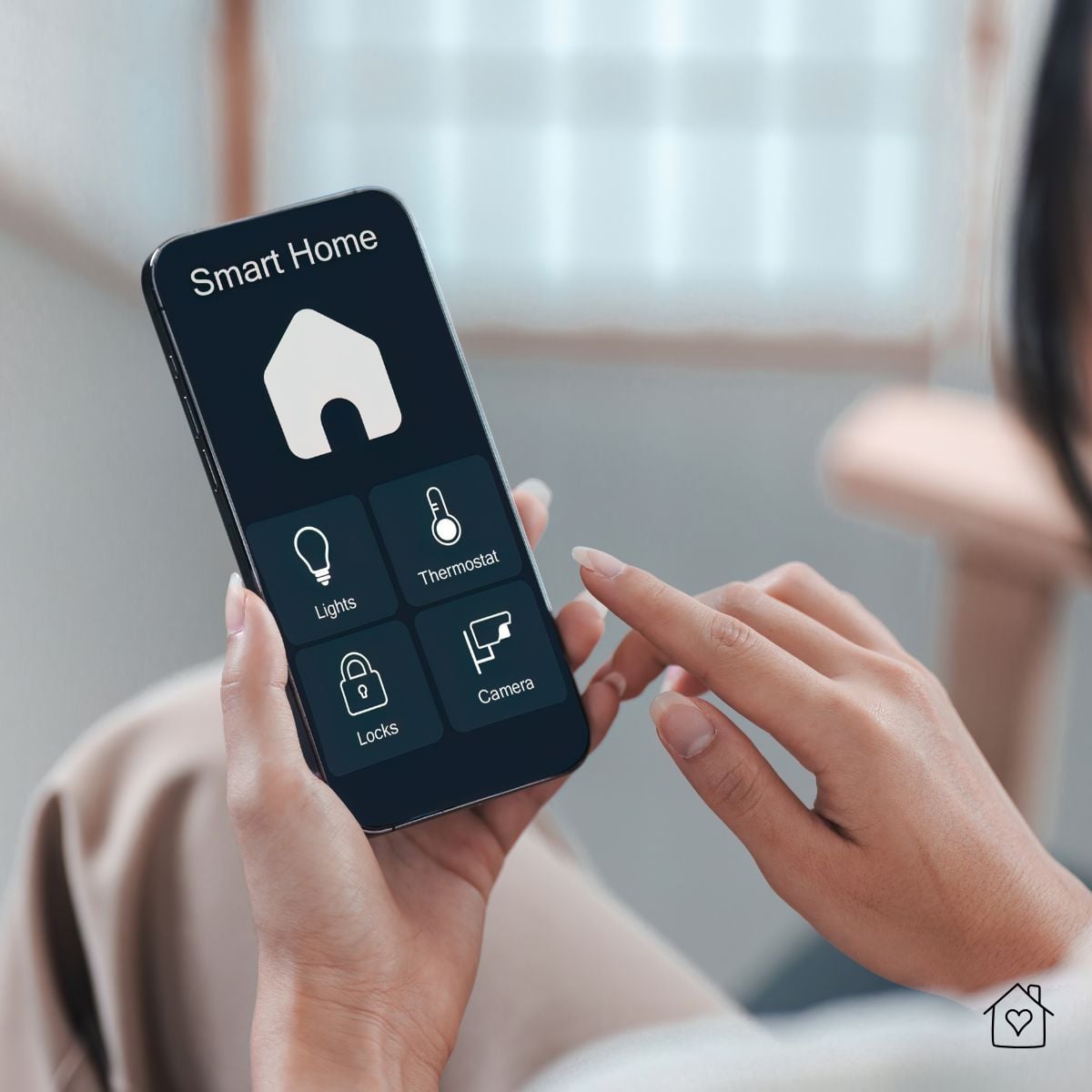 Close-up of a woman using a smartphone smart home app to manage lights, thermostat, locks, and security cameras.
