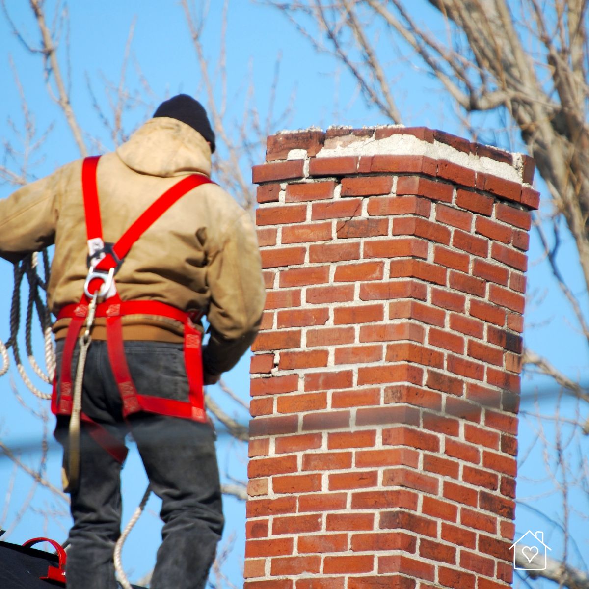 Chimney sweep in a red safety harness assessing a cracked brick chimney crown on a winter roof.
