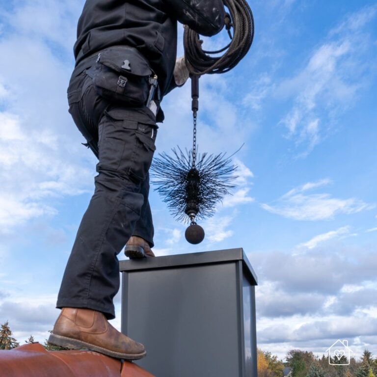 Technician lowering a wire-bristle chimney brush into a flue at the roofline under a blue sky.