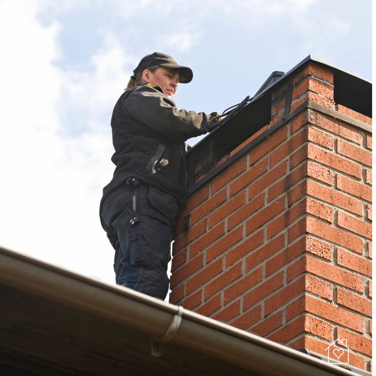Technician lowering a wire-bristle chimney brush into a flue at the roofline under a blue sky.