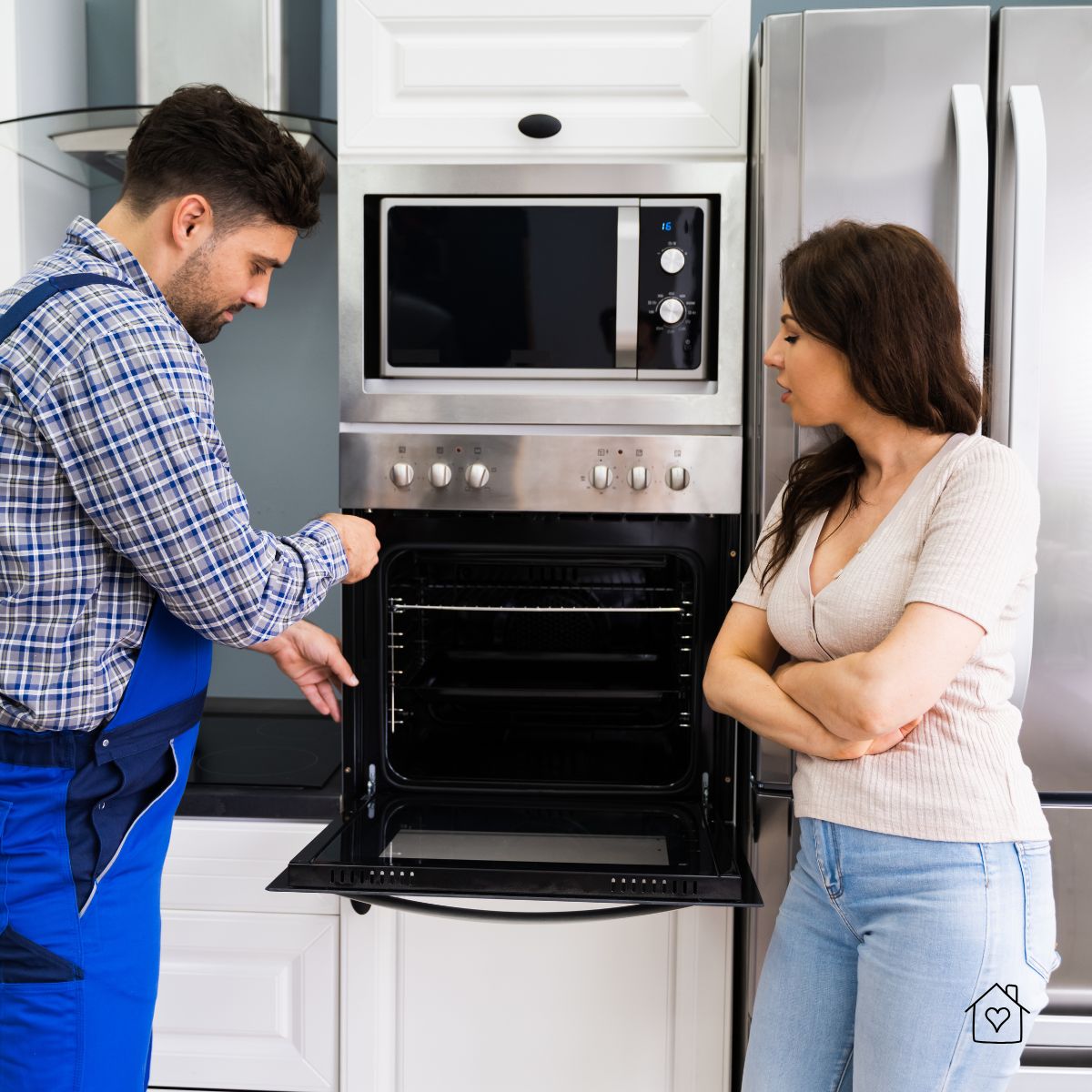 Technician demonstrating an oven repair while explaining the issue to a homeowner in the kitchen