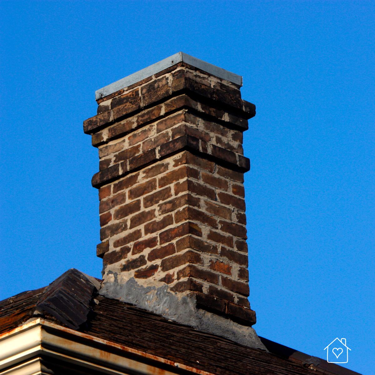 Close-up of a brick chimney with a metal crown and intact mortar joints against a clear blue sky.