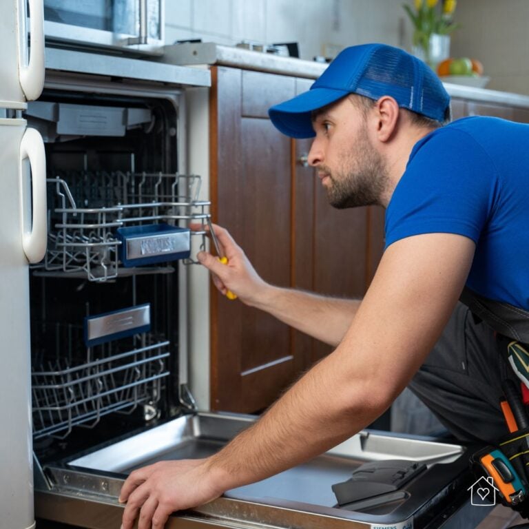 Technician inspecting and adjusting the upper rack of a built-in dishwasher