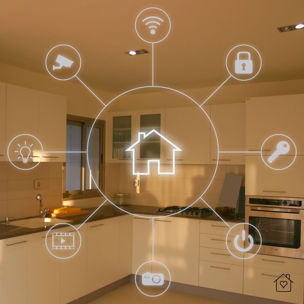 Modern kitchen with an illuminated smart home icon and connected symbols for lights, locks, cameras, and Wi-Fi overlayed on the scene.