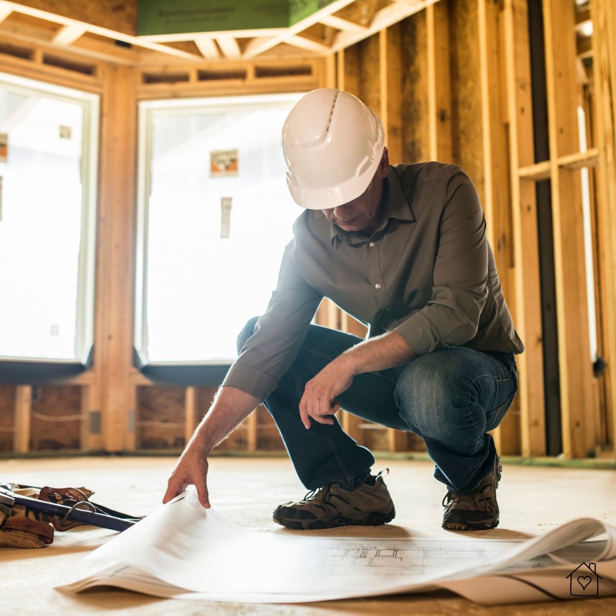 Contractor reviewing renovation plans inside a home stripped to studs during a zero-cycle remodel.