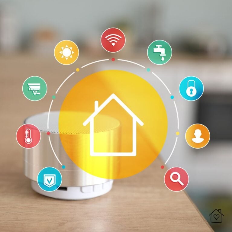 Smart home speaker with colorful icons for Wi-Fi, security, lighting, and other connected devices, symbolizing a modern smart home network.