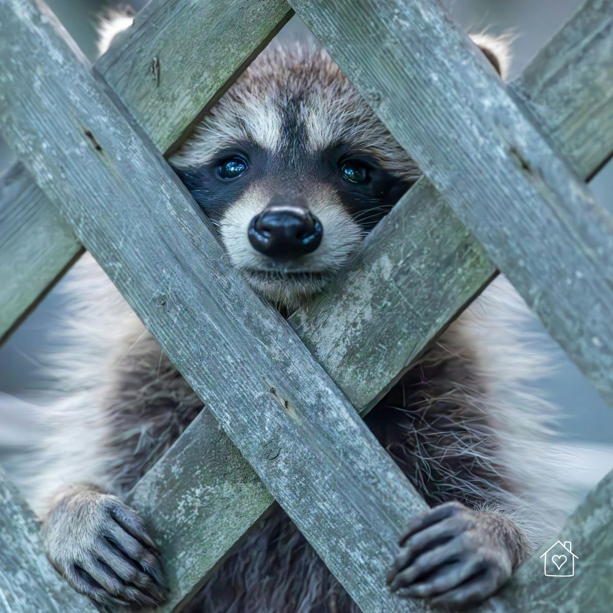 Cute raccoon standing up and looking through a worn lattice fence