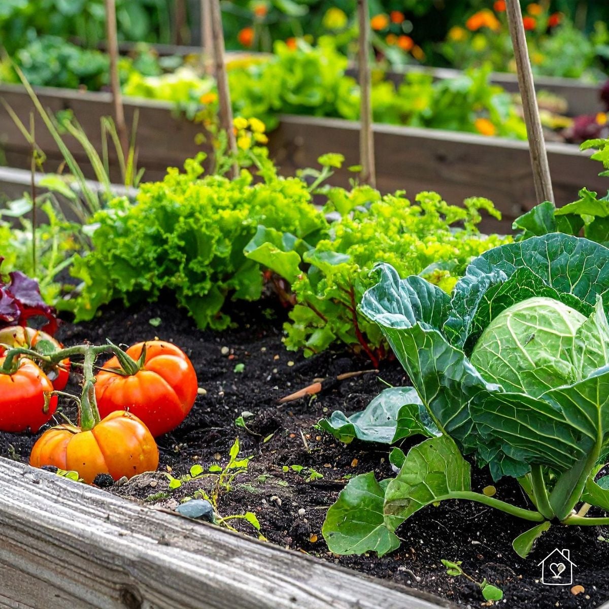 Raised garden bed with lettuce, cabbage, and tomatoes growing in dark soil inside a simple wire fence