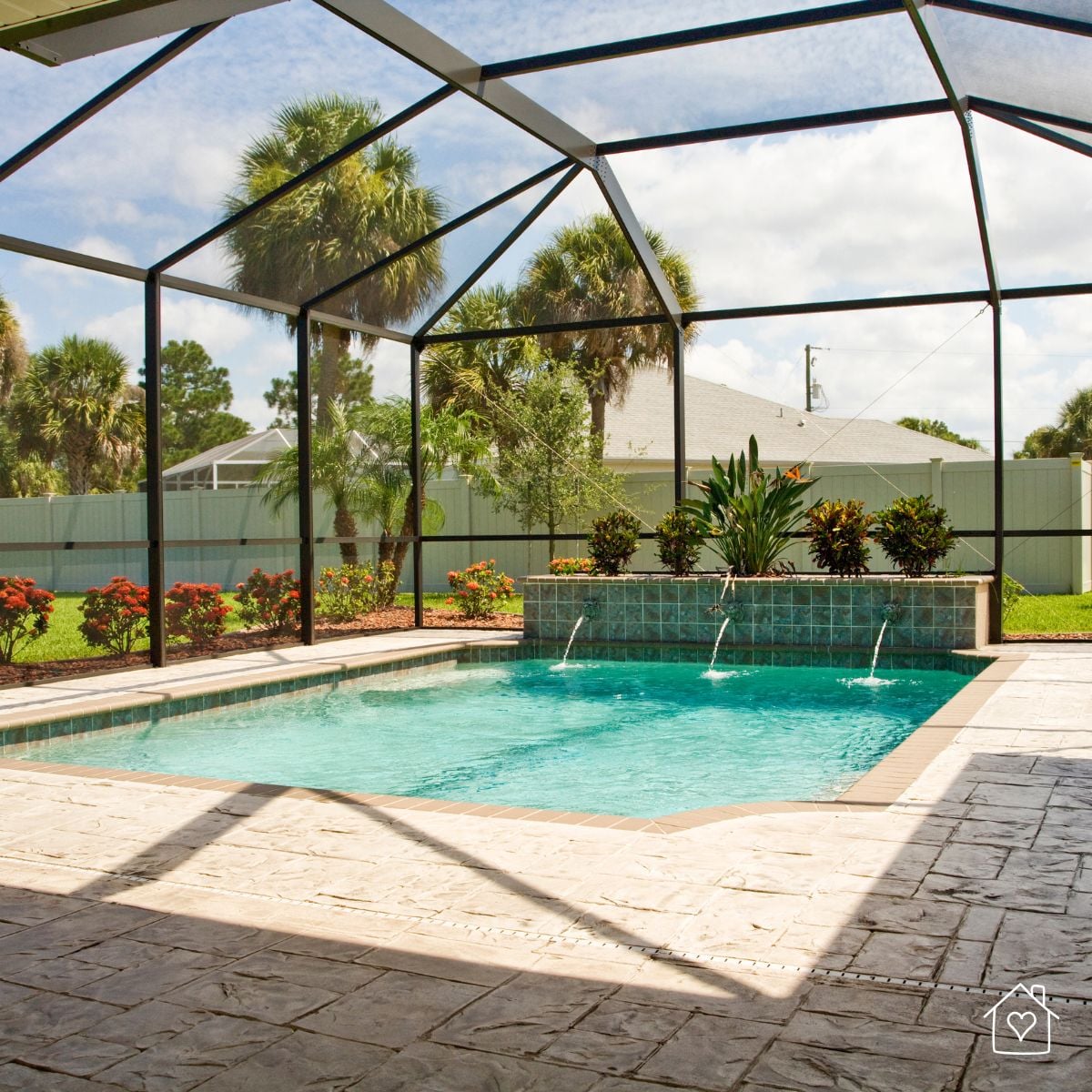 well-maintained pool screen cage with intact aluminum frame and clear mesh enclosure
