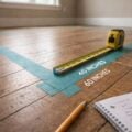 Teal painter’s tape outlining a rectangular furniture footprint on a hardwood floor with a tape measure showing 40 and 60 inches, a pencil, and a notebook nearby.