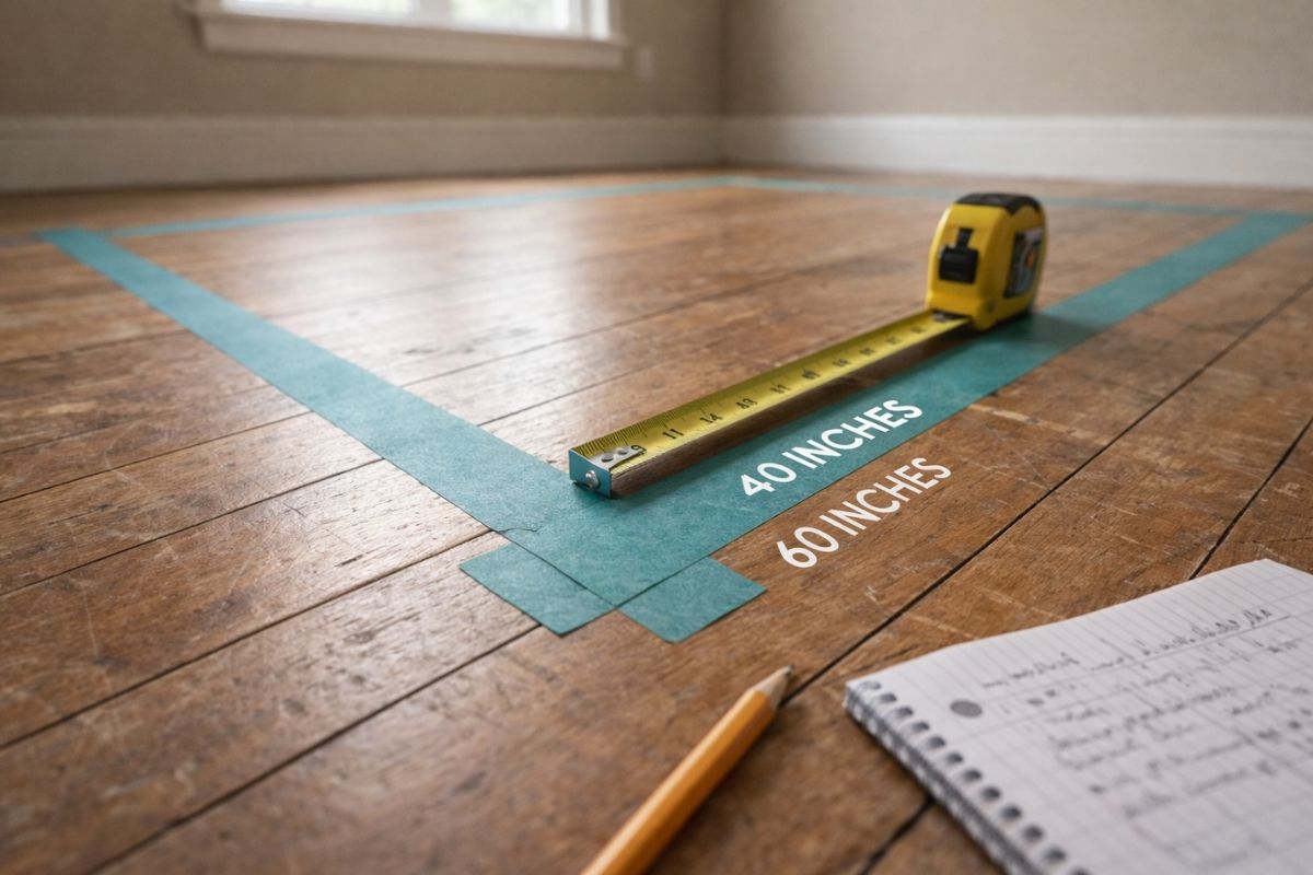 Teal painter’s tape outlining a rectangular furniture footprint on a hardwood floor with a tape measure showing 40 and 60 inches, a pencil, and a notebook nearby.