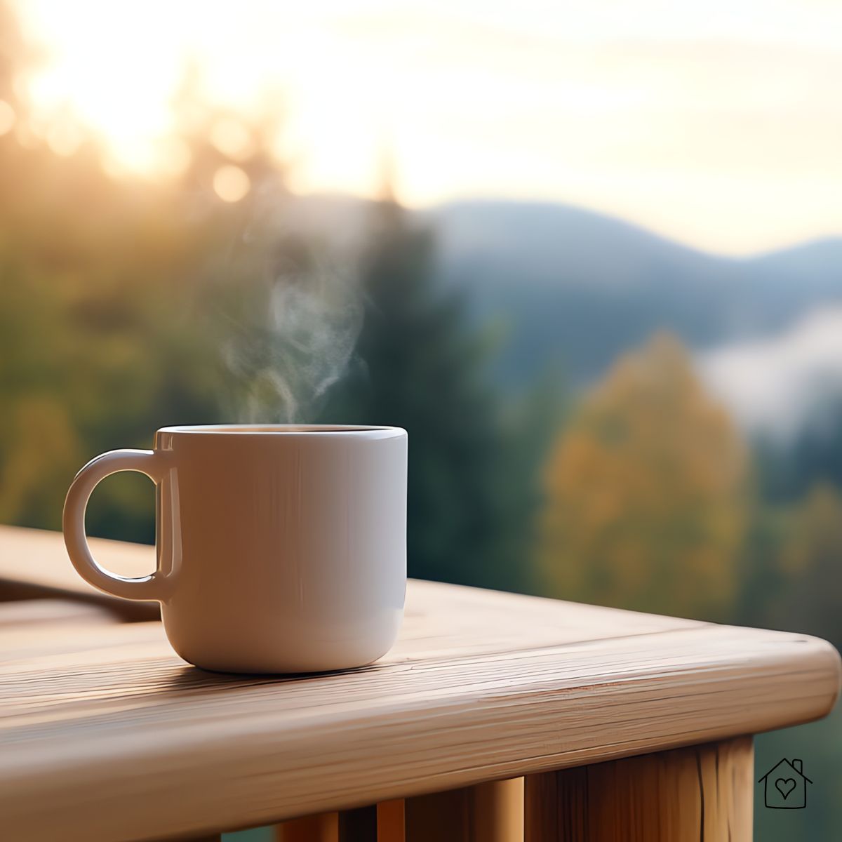 steaming coffee mug resting on a wooden deck railing at sunrise overlooking trees and hills