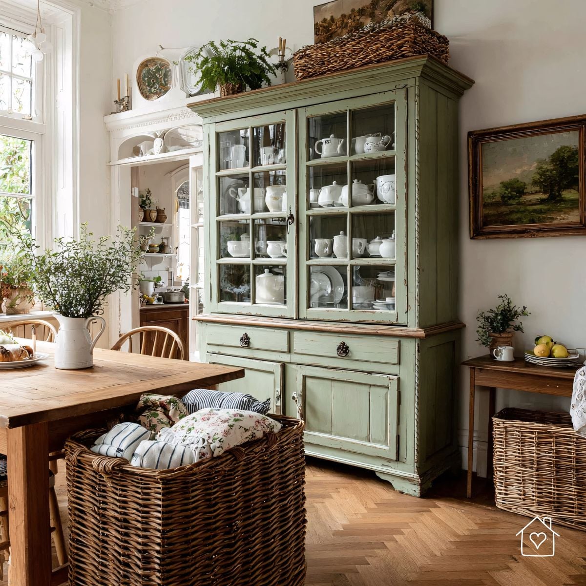 Rustic dining room with distressed green hutch displaying white ceramics and wood table.
