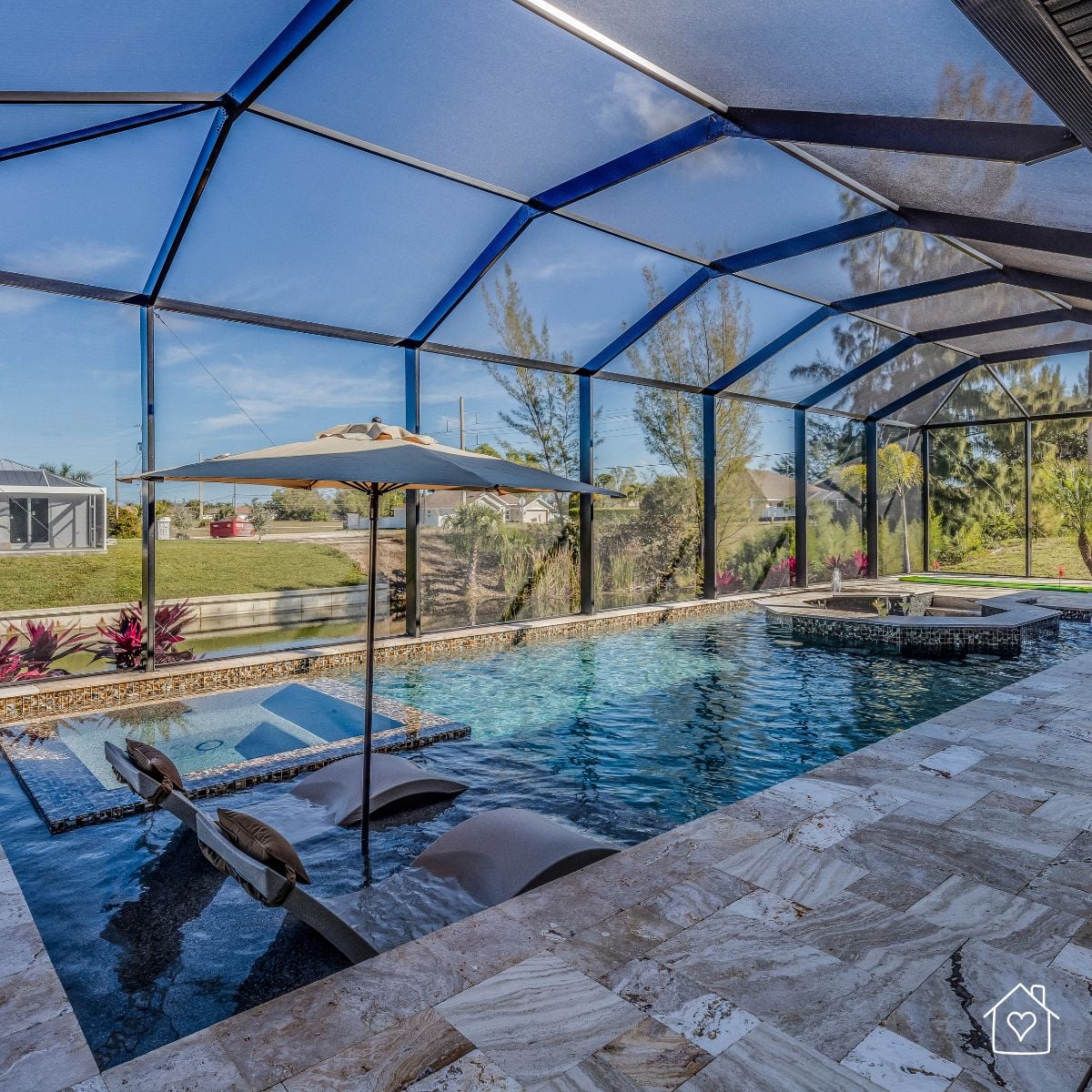 pool screen cage with sagging roof panels indicating structural weakening over time