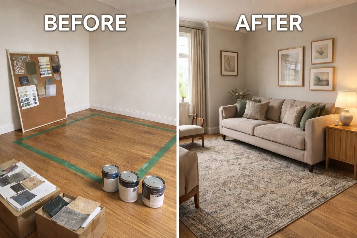 Side-by-side before and after images of the same living room, showing a taped furniture outline and design samples in the empty space on the left and a finished room with a sofa, rug, wall art, and lamp on the right.