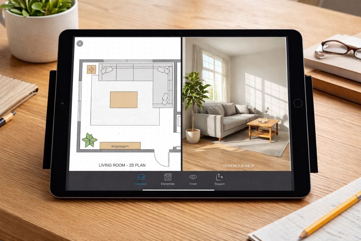 Tablet displaying an interior design app with a 2D living room floor plan on the left and a 3D rendered living room with sofa, coffee table, and plant on the right, sitting on a wooden desk.