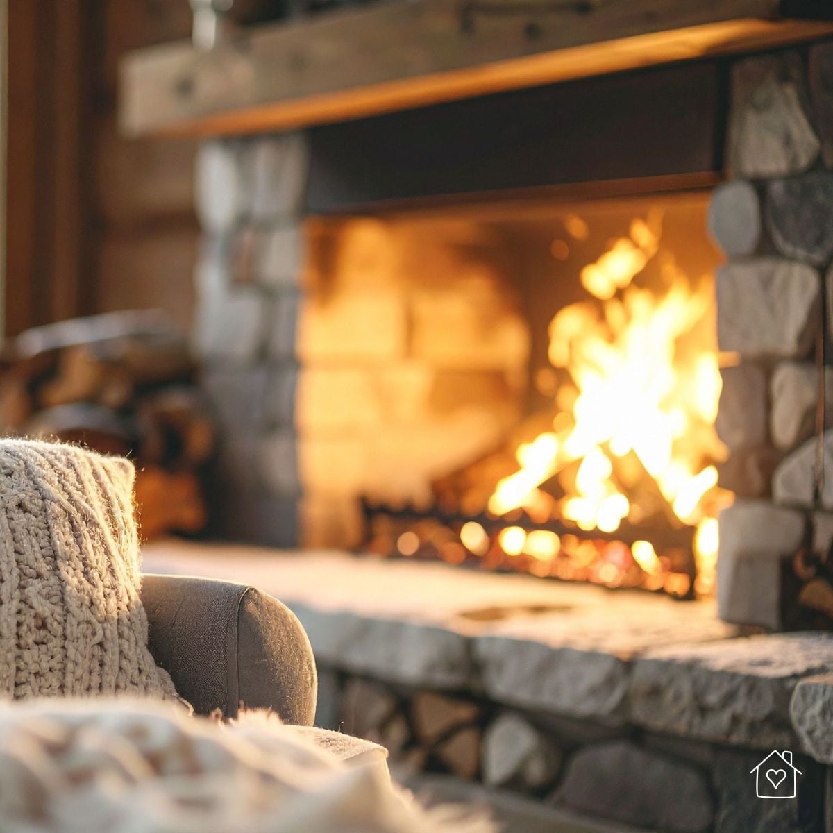 Cozy stone fireplace glowing after heat-up, representing a fully cured, stable fire-cement seal