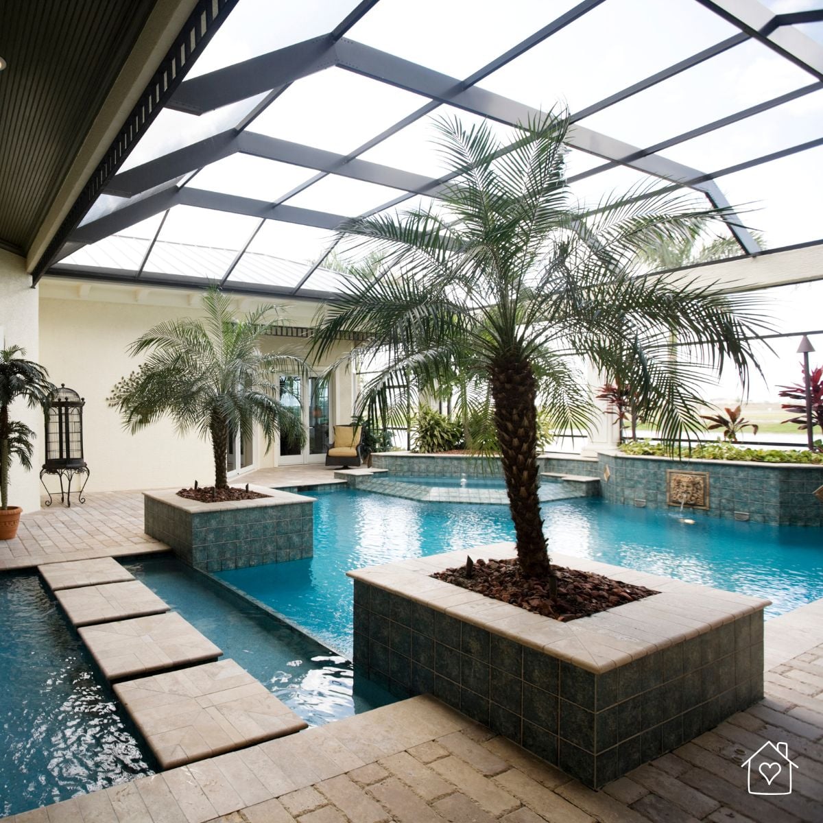 pool screen enclosure with worn mesh panels allowing debris and insects inside