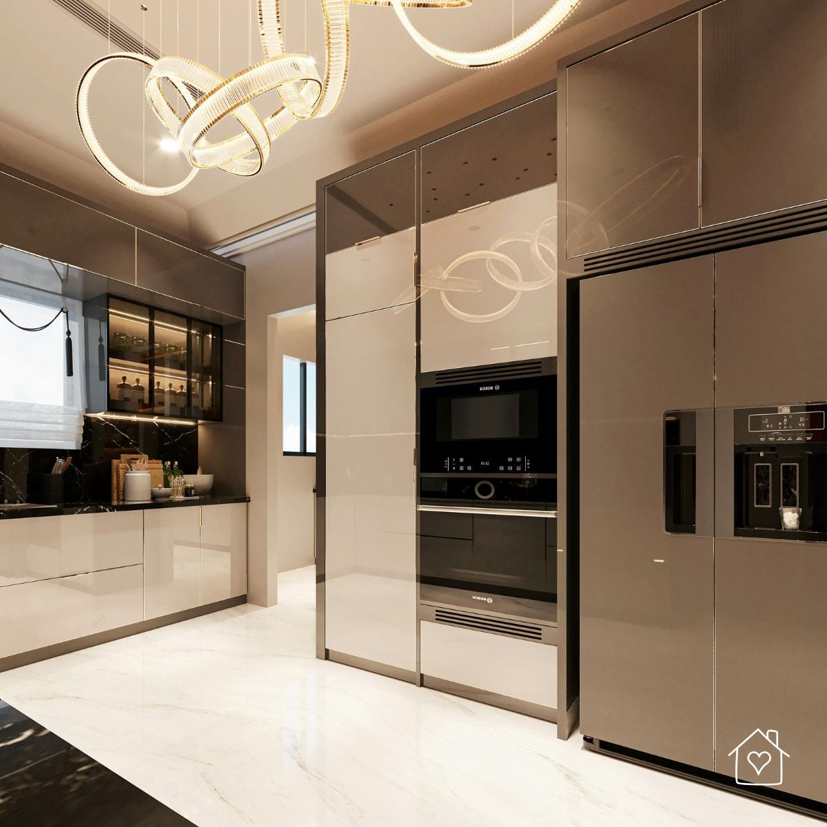 Contemporary kitchen with glossy cabinetry and a sculptural loop chandelier.