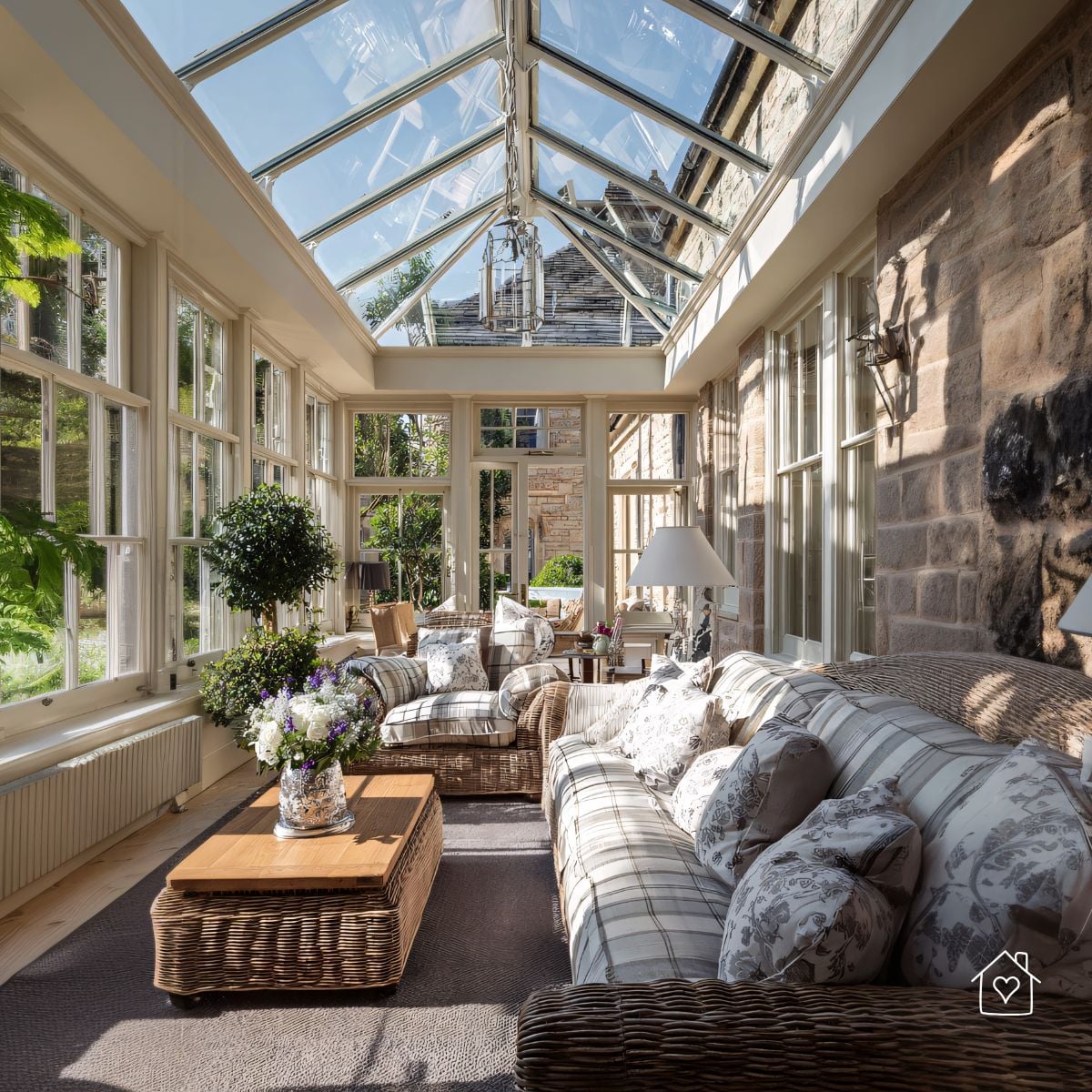 Light-filled conservatory with a glass roof and wicker seating, connecting the home to the garden.