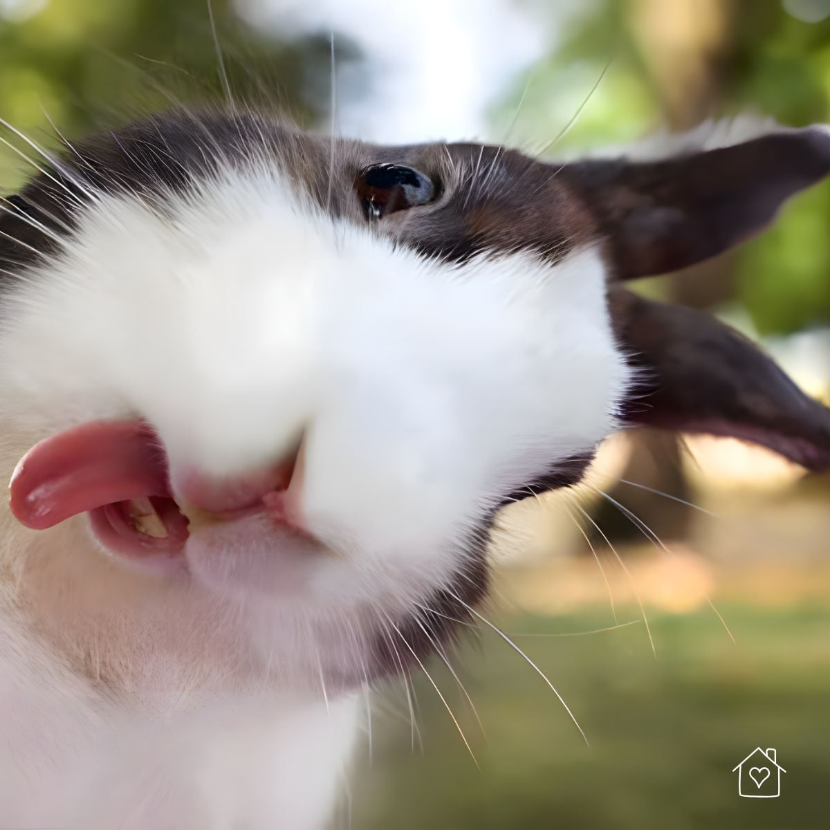Close-up of a bunny sticking its tongue out near a fence and plants in a garden