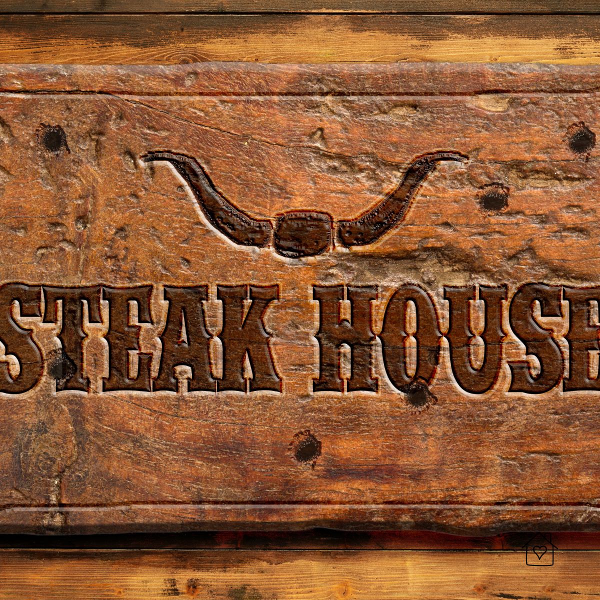 Carved wooden steakhouse sign with longhorn motif on reclaimed wood