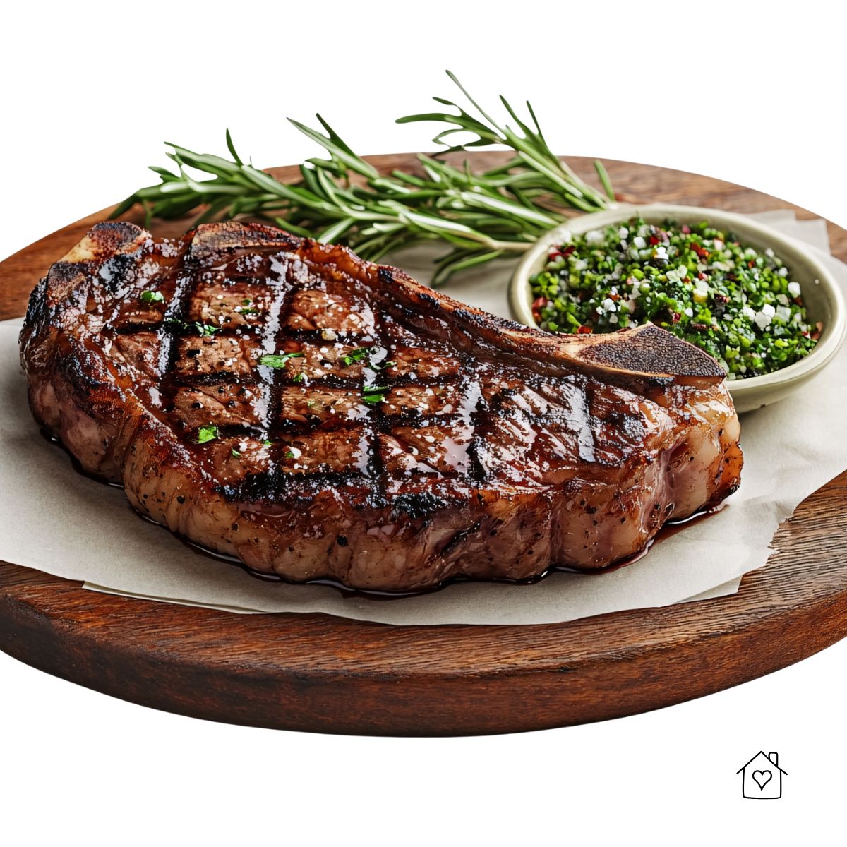 Bone-in ribeye with grill marks served with chimichurri and rosemary on a wooden board