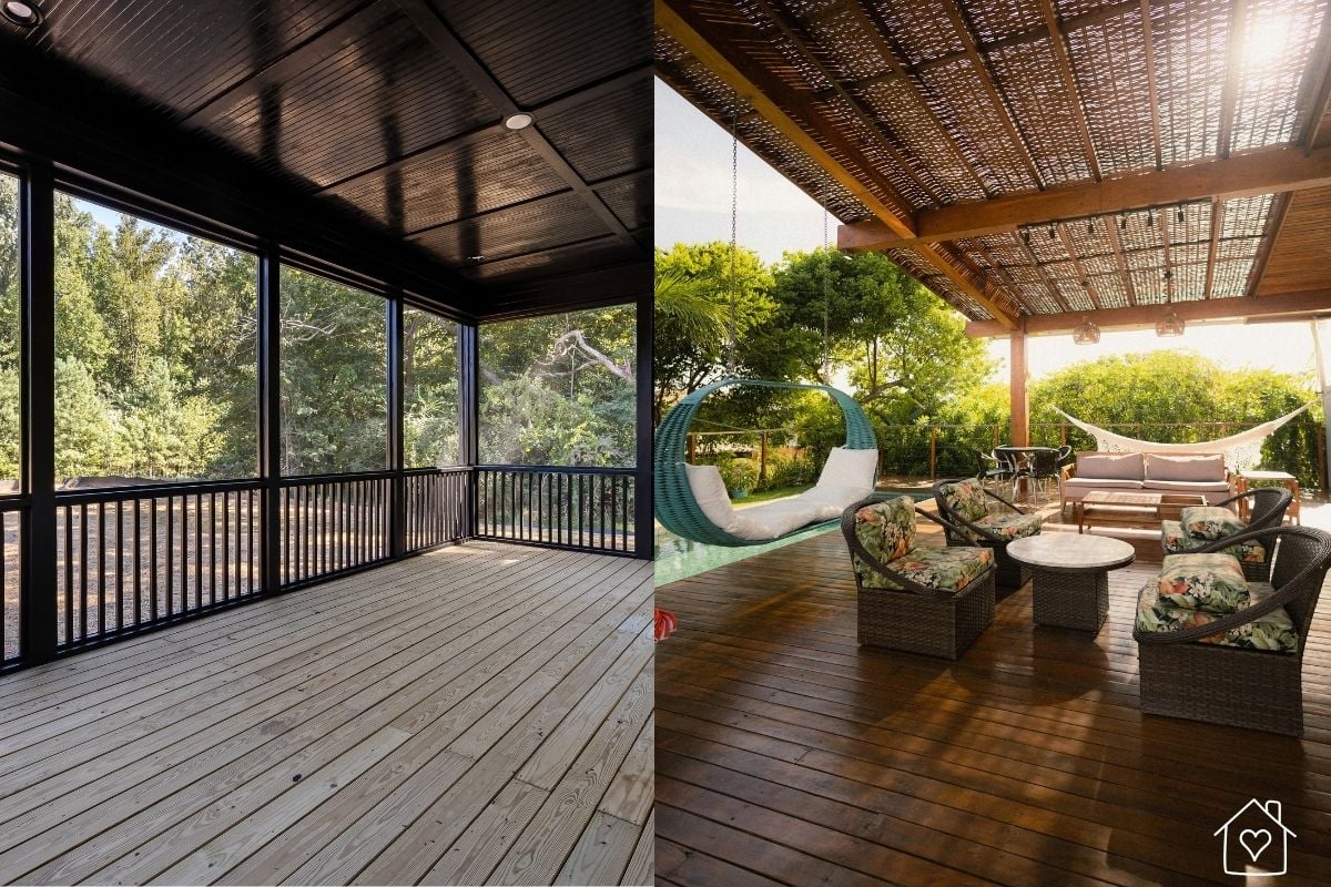 side by side comparison of a covered porch and an open deck showing how design affects comfort
