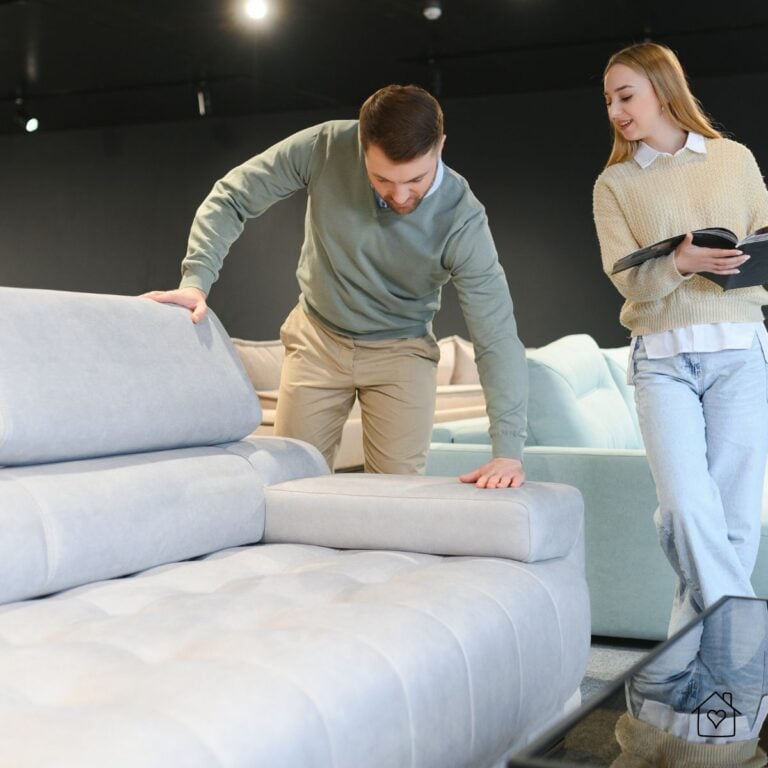 Man pressing a sofa cushion while shopping in a furniture showroom as a woman reviews a product brochure.