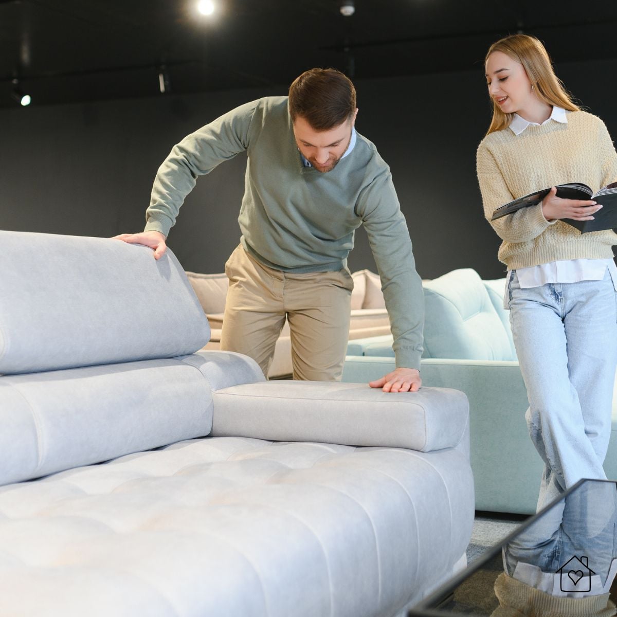 Man pressing a sofa cushion while shopping in a furniture showroom as a woman reviews a product brochure.