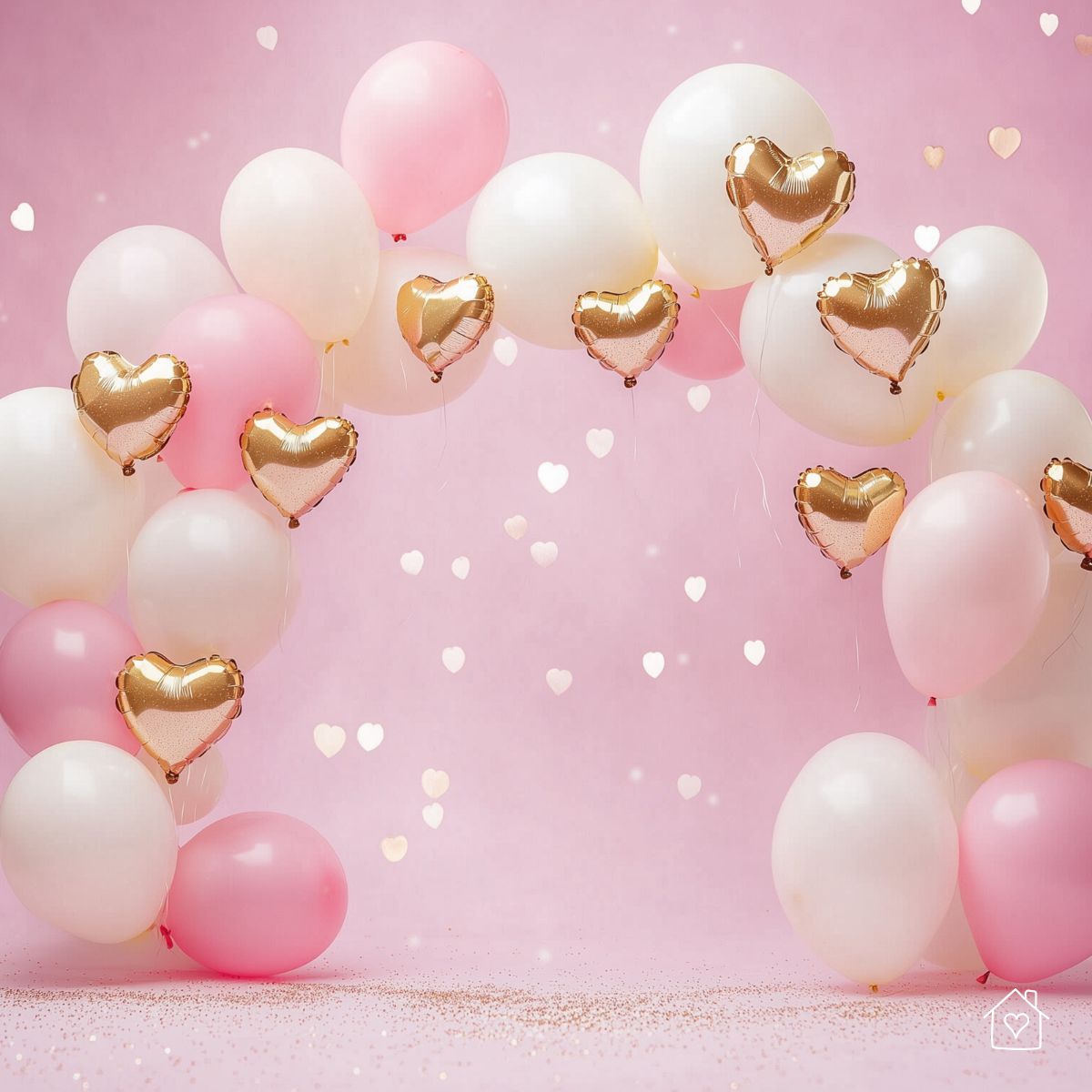 pink and white balloon arch with gold heart balloons creating a playful home photoshoot background