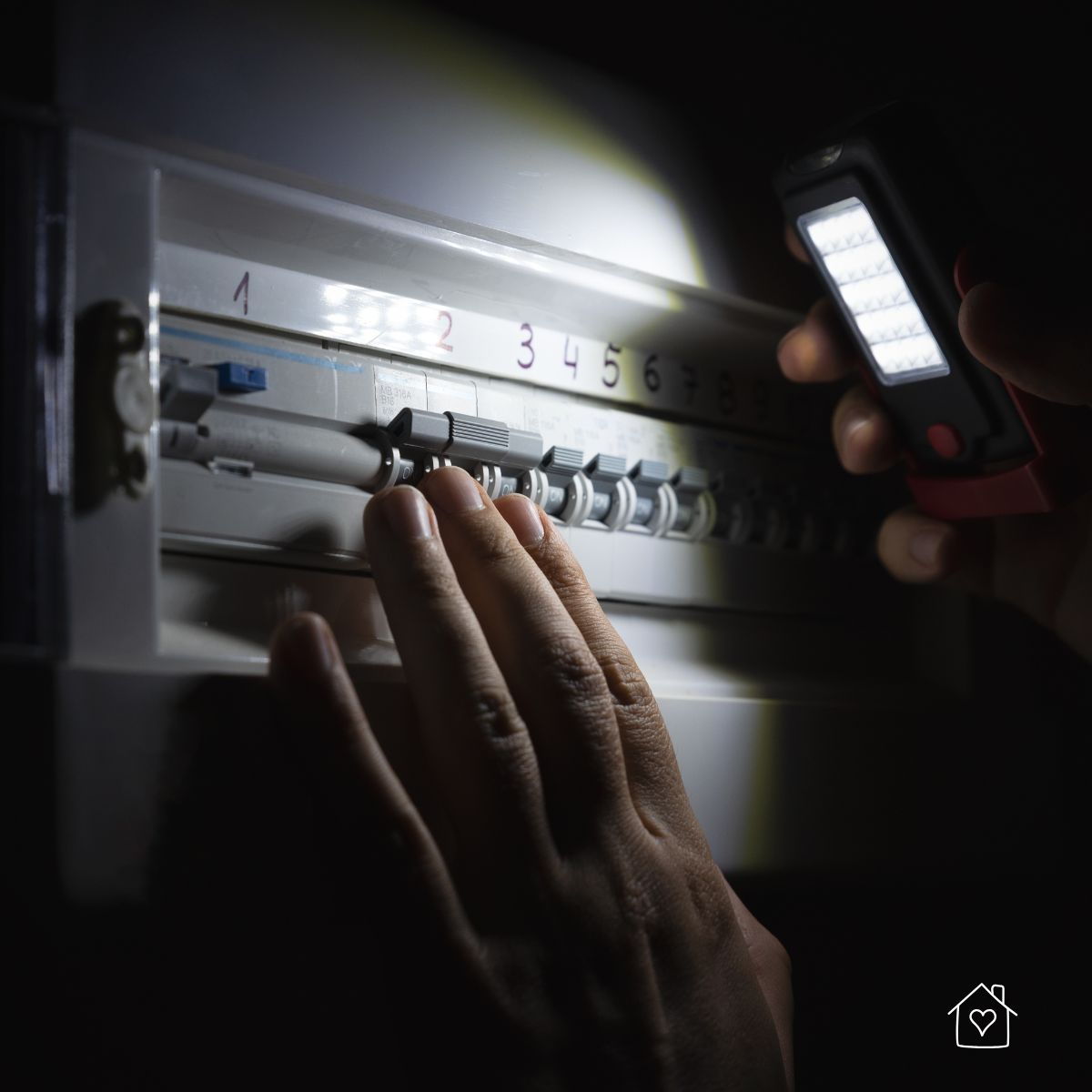 Person using a flashlight to check an electrical breaker panel during a power outage