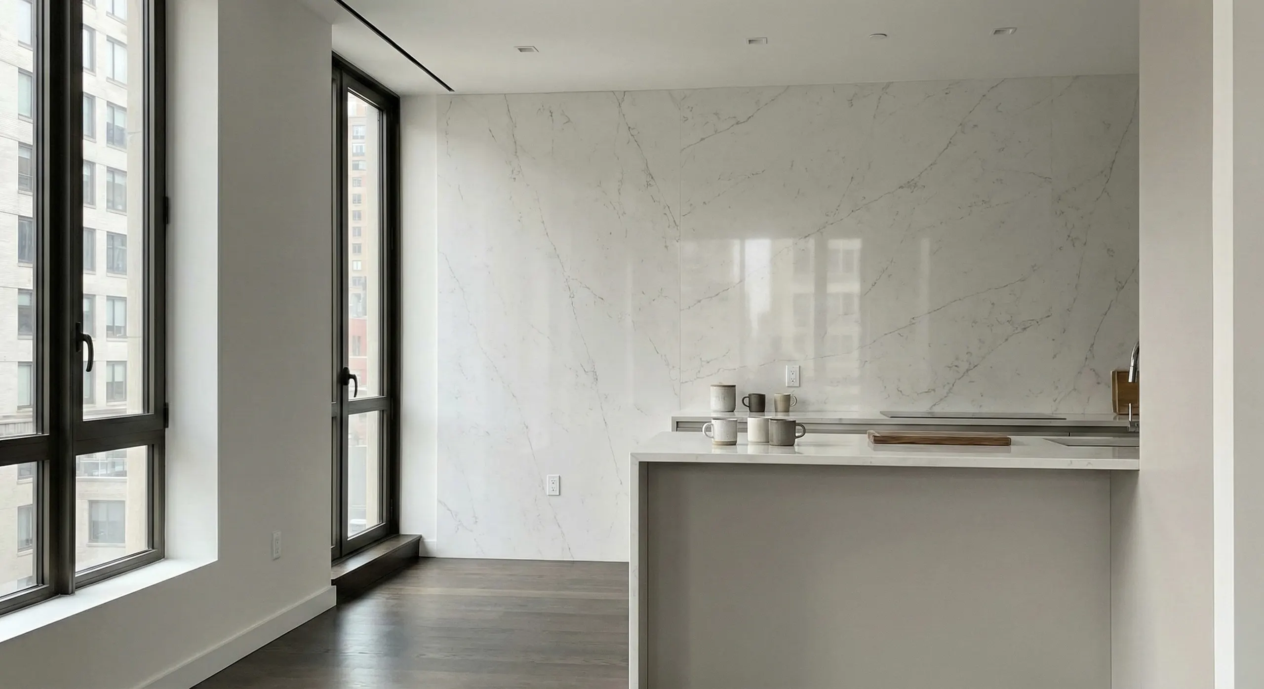 Minimalist White Quartz Kitchen Countertops in Manhattan Condo Minimalist Manhattan kitchen featuring white quartz countertops, full-height stone backsplash, and modern cabinetry.