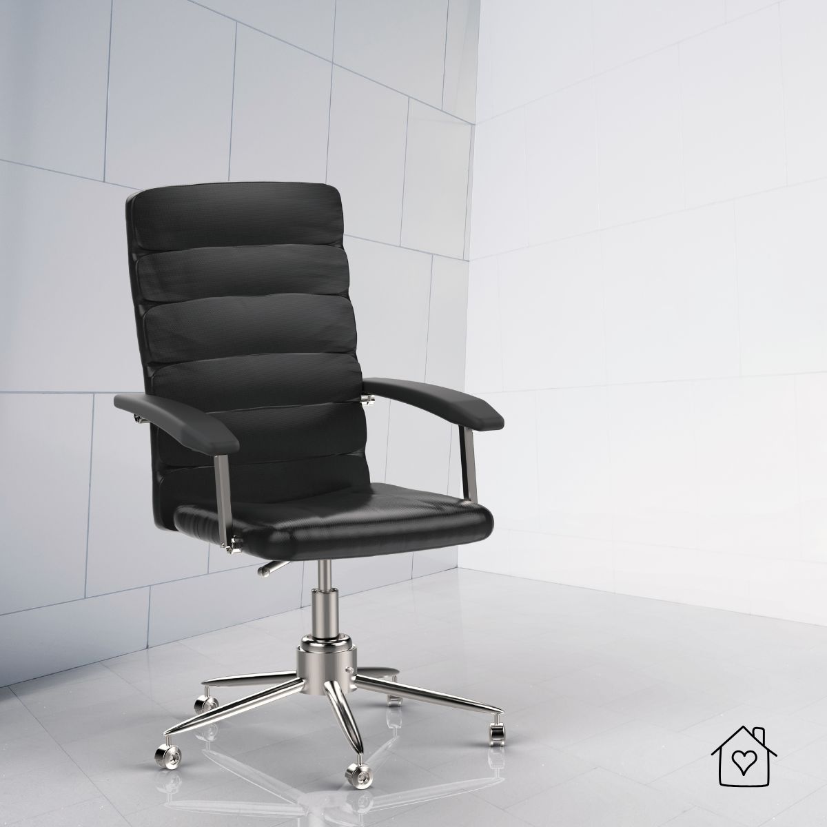 Black padded high-back office chair with armrests and chrome swivel base on a light tiled floor against a clean white wall.