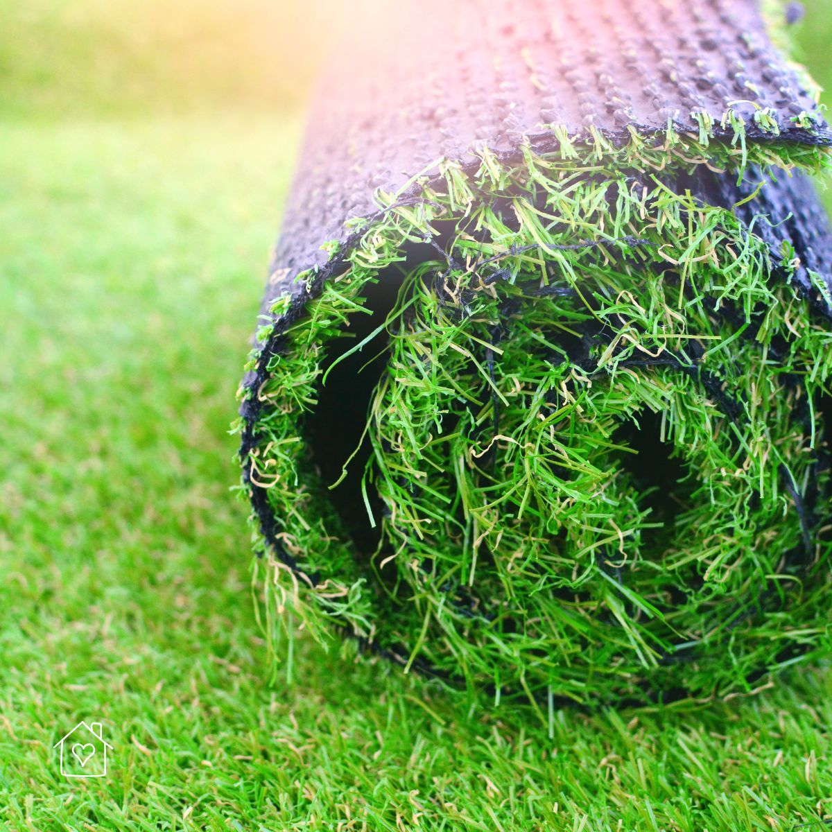 Rolled-up artificial grass showing backing and turf fibers, ready for installation in a dog-friendly yard.