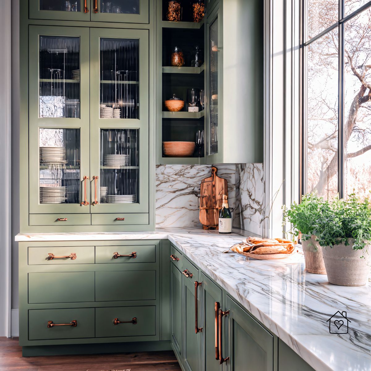 Mixed storage&mdash;deep drawers for pots, glass uppers for display, and a corner cabinet that stays accessible.