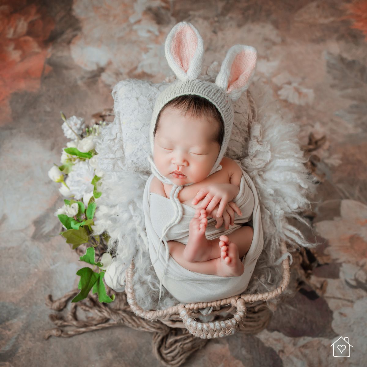 newborn baby asleep in a basket with knit bunny bonnet and soft textures for a home photoshoot