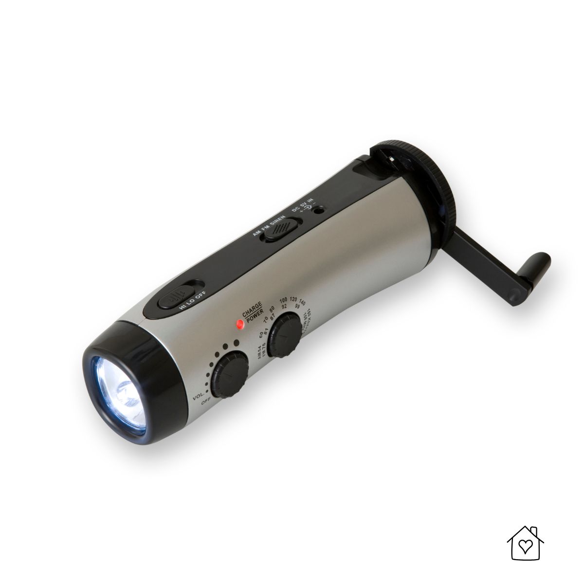Hand-crank emergency radio flashlight for news, weather alerts, and light during a power outage