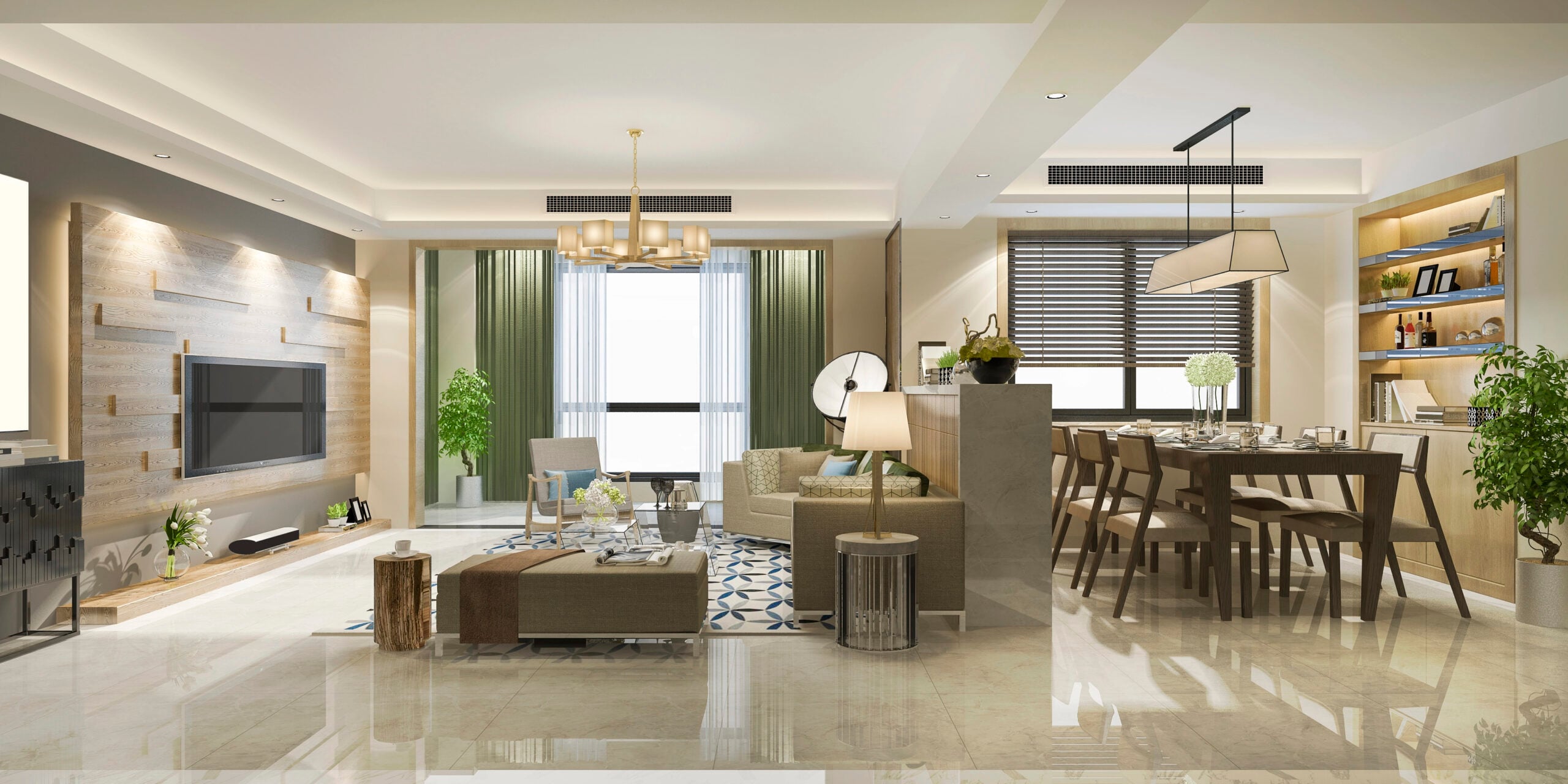 Bright 3D rendered open-plan living and dining room with built-in shelving, glossy floors, and layered lighting designed for interactive interior walkthrough presentations.