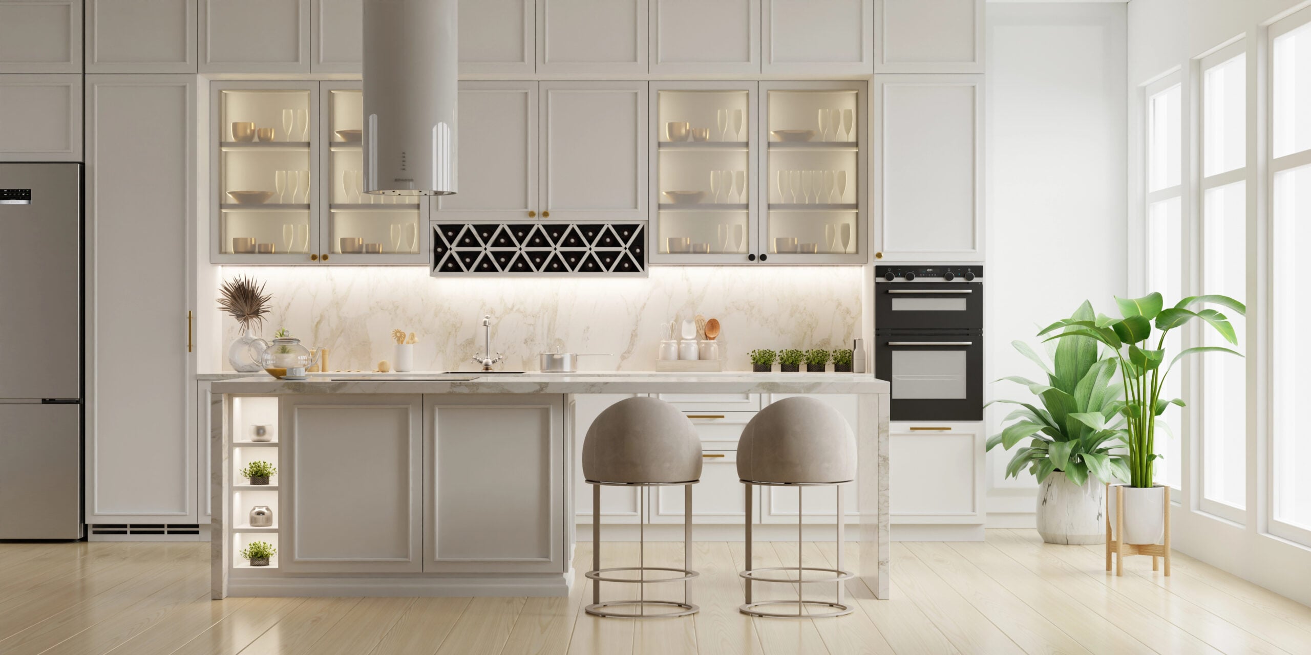 Minimal white 3D rendered kitchen with island seating, built-in appliances, and natural light—ideal for VR and AR interior walkthrough tours and material previews.