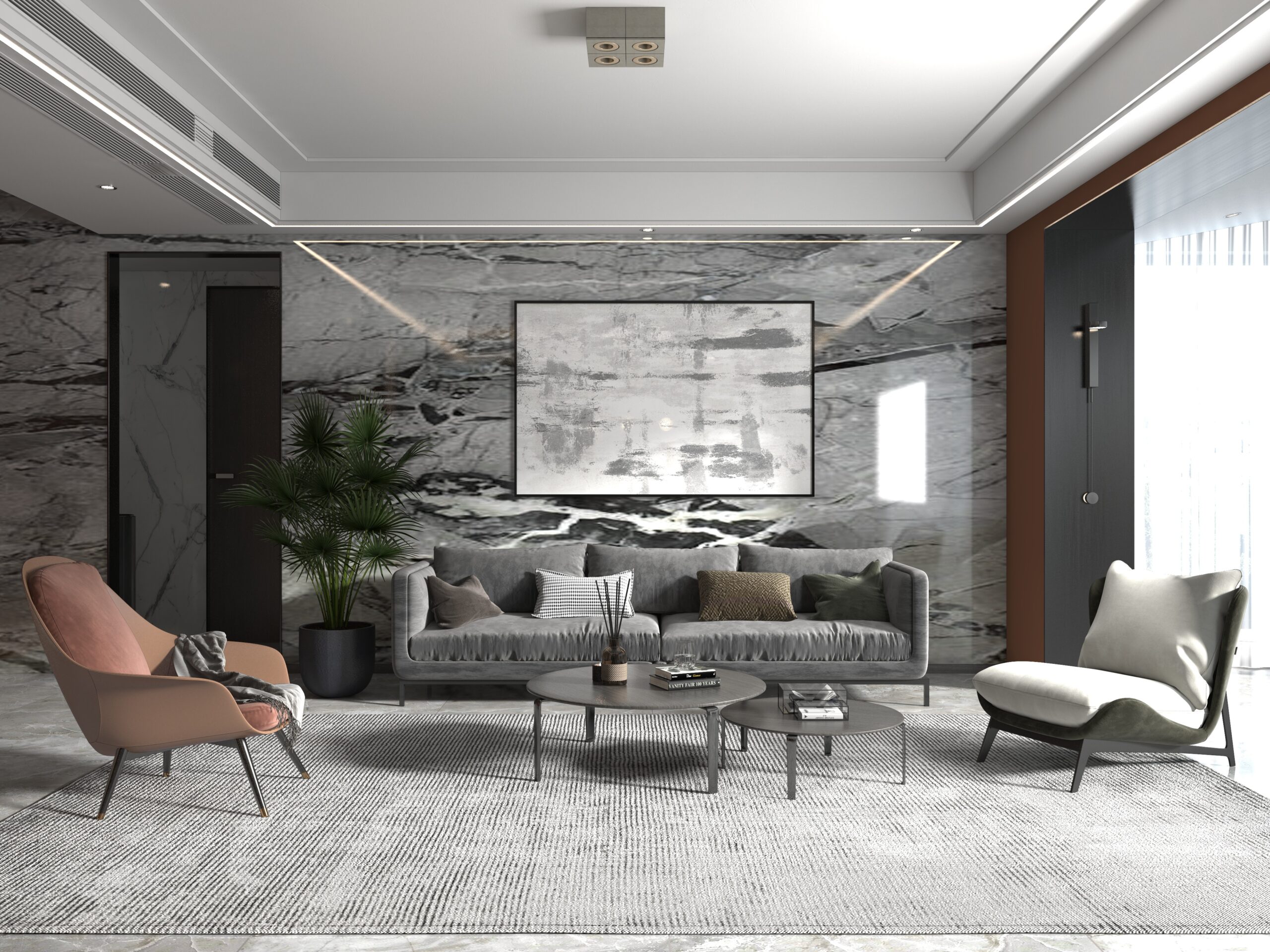 Contemporary 3D rendered living room with marble feature wall, neutral seating, and modern lighting created for interactive interior walkthroughs and design review meetings.