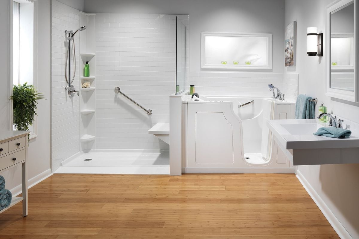 Universal Design Bathroom With Walk-In Shower, Walk-In Tub, and Grab BarsAlt text: Universal design bathroom with a step-in shower, walk-in tub with door, built-in seating, and grab bars for aging-in-place safety.