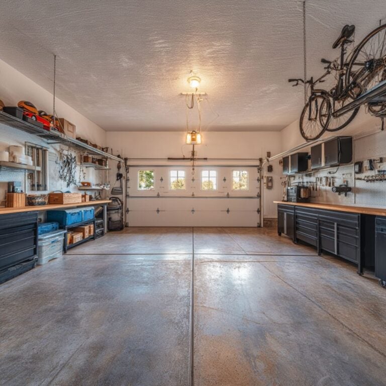 Neat two-car garage with black base cabinets, wood countertops, wall-mounted storage, overhead bike racks, and open floor space