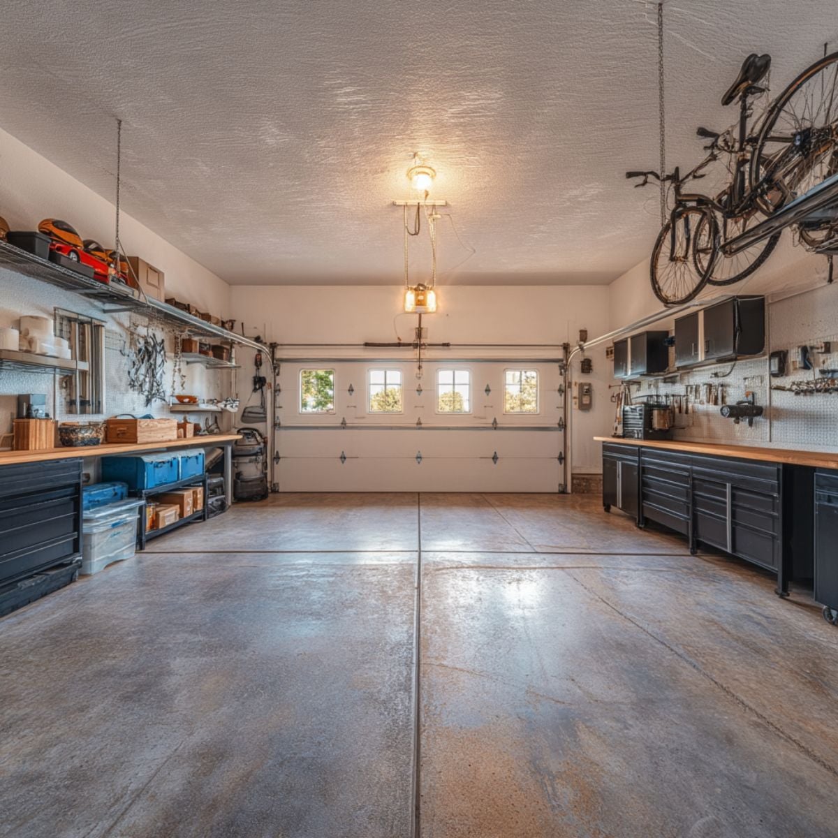 Neat two-car garage with black base cabinets, wood countertops, wall-mounted storage, overhead bike racks, and open floor space