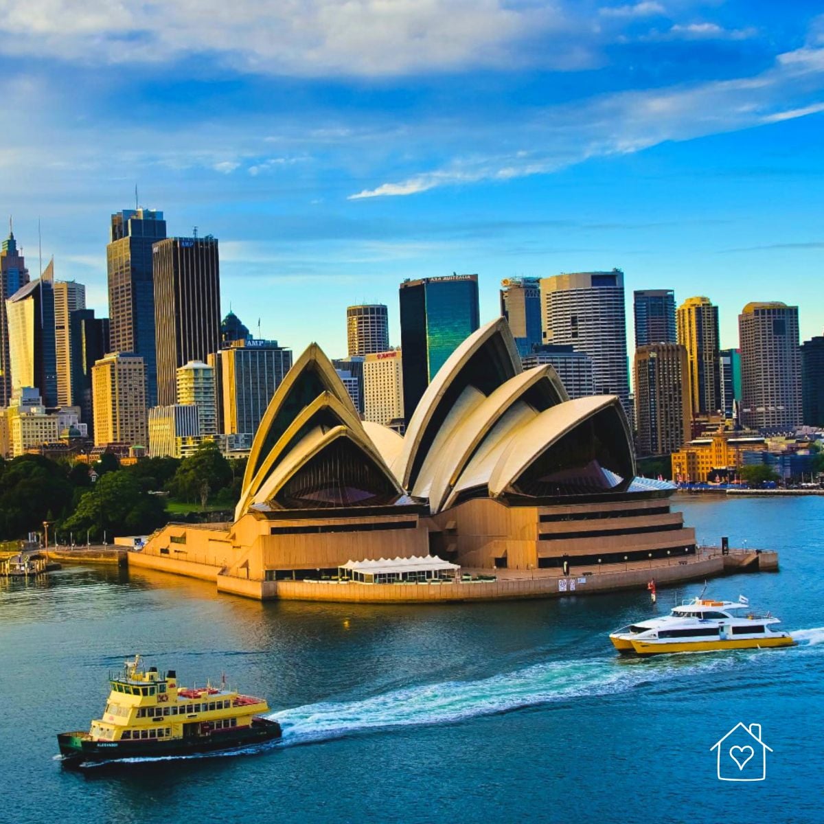 Sydney Opera House with ferries on the water and the city skyline in the background
