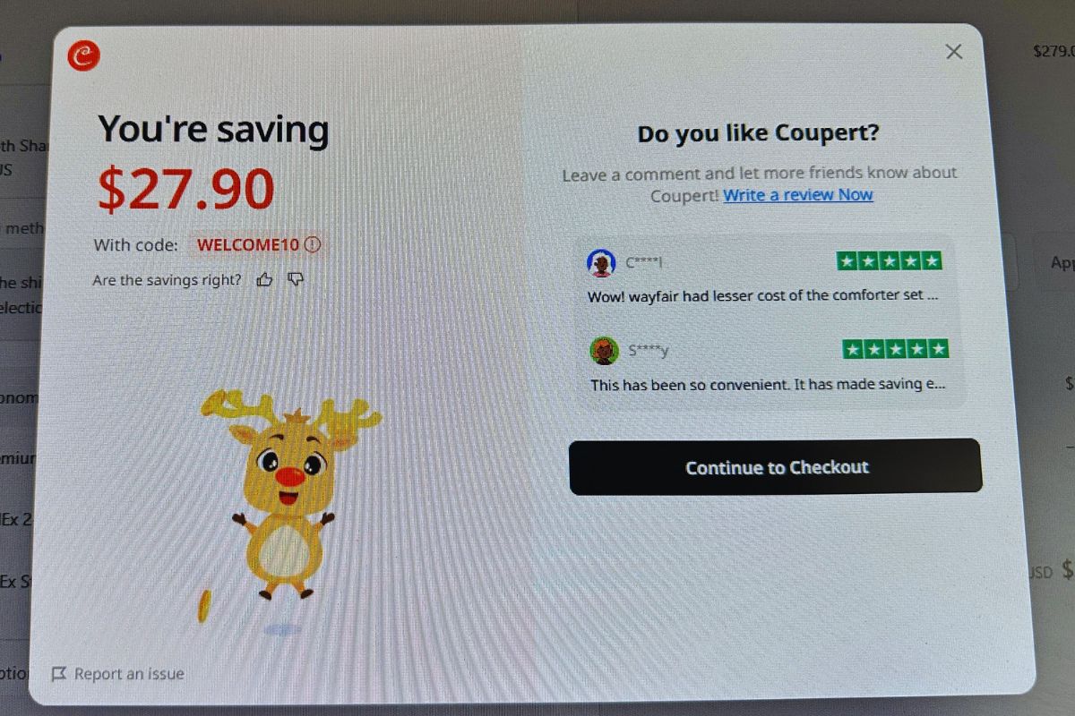 Screenshot of money saved using coupert app showing a dancing reindeer and the total amount of money saved